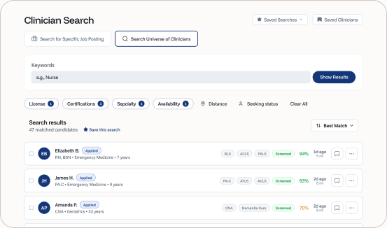 Credenza Clinician Search: filters for license, certifications, specialty and availability, with matched candidates scored by fit