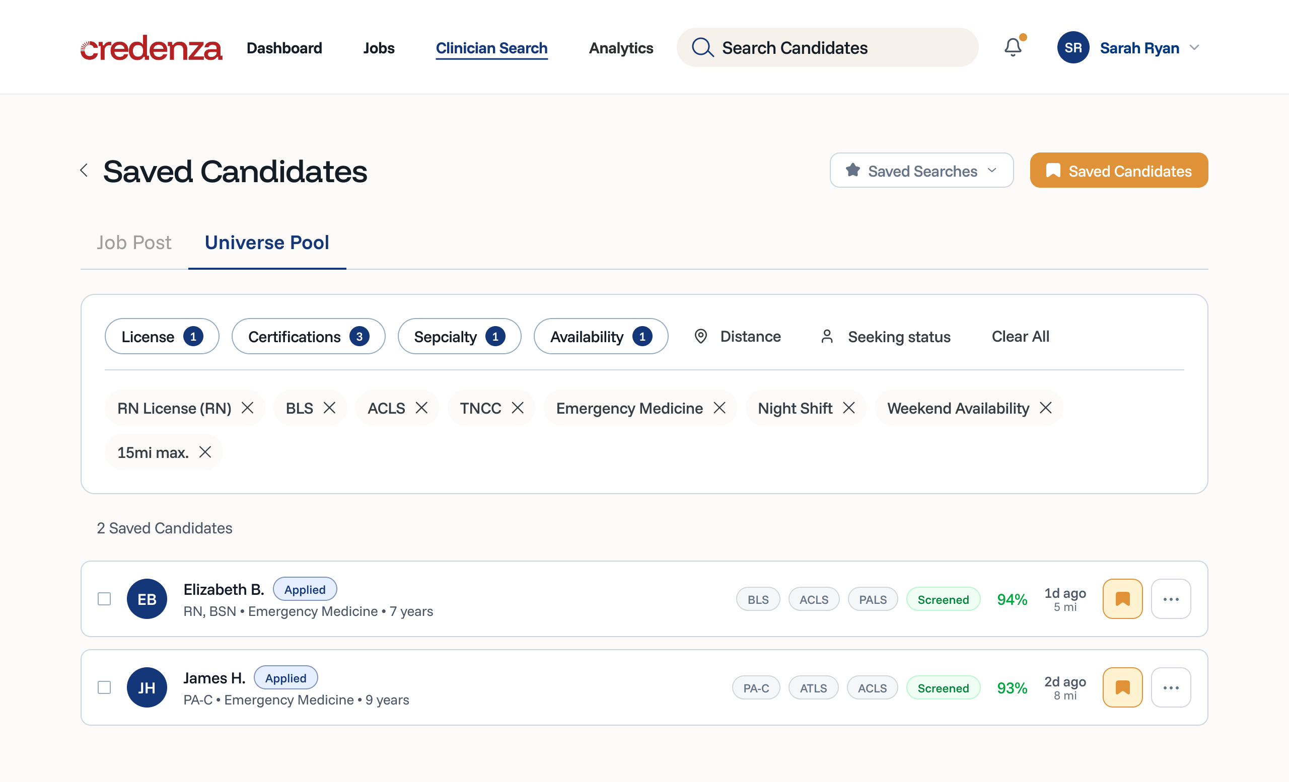 Credenza Clinician Search saved candidates: filters for license, certifications, specialty and availability, with matched candidates scored by fit