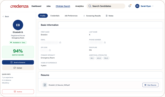 Credenza candidate profile showing a 94% match score and searchable clinician details