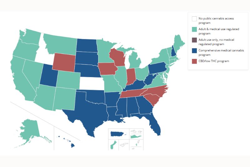 A map from NCSL.org showing a map of cannabis laws in the United States.