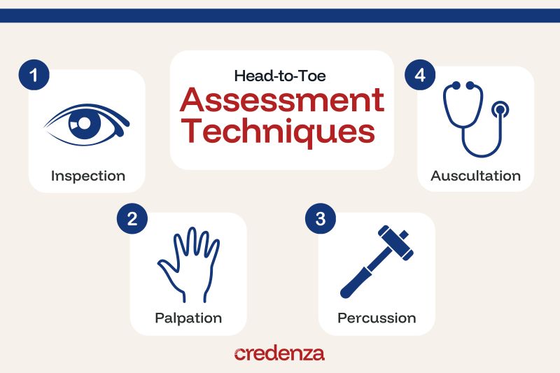 A graphic displaying the four main head-to-toe assessment techniques.