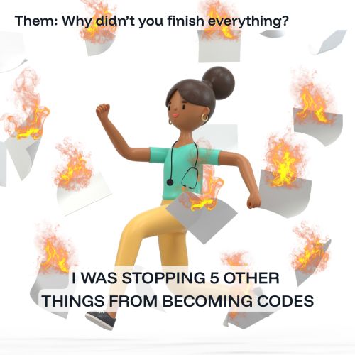 A cartoon nurse running with flaming papers